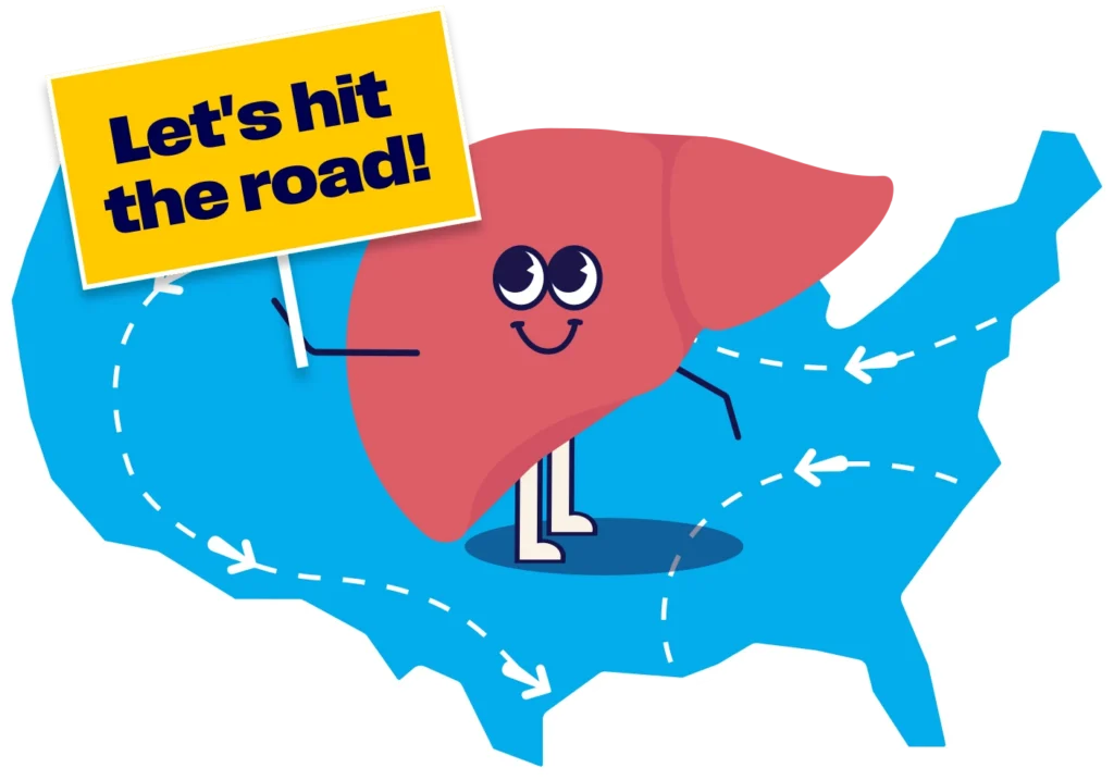 Liver character on a map of the U.S. holding a sign that says, "Let's hit the road!"